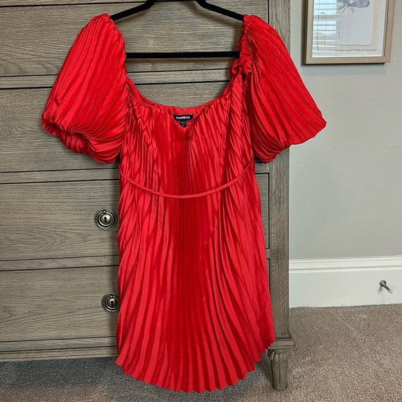 Express | Red Pleated Off-Shoulder Mini Dress | XS - Picture 1 of 9